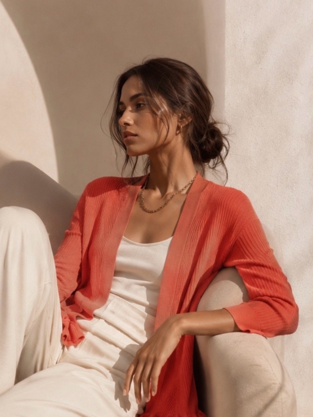 Roz & Ali Coral Open-Front Ruffle Hem Cardigan Large